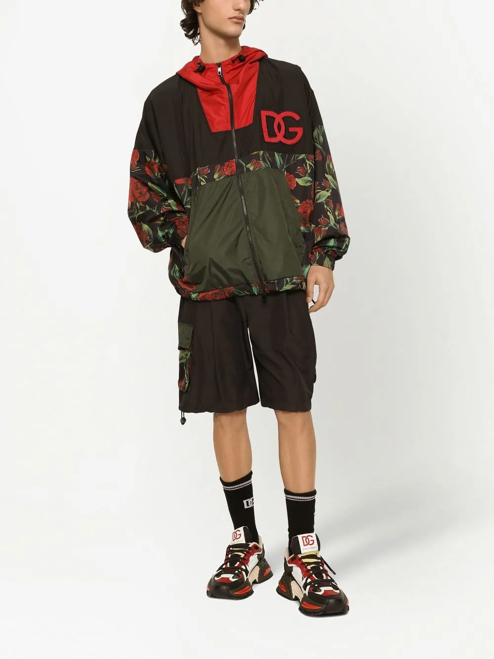 Dolce And Gabbana Floral Print Embroidered Logo Hooded Jacket Black