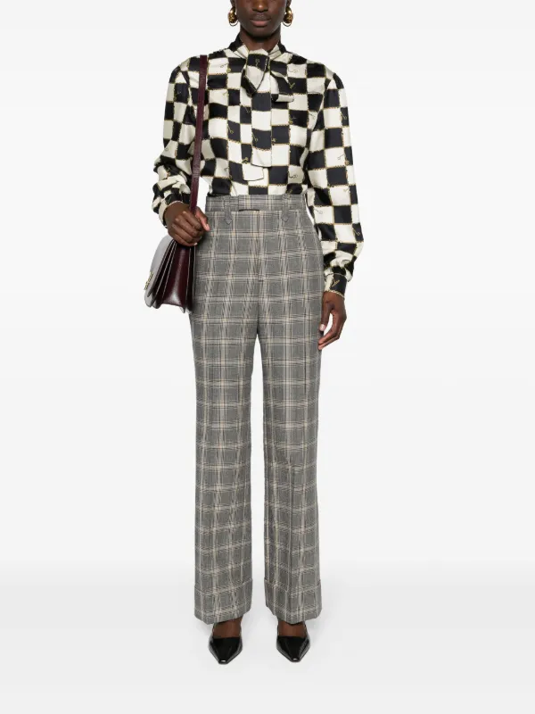 Gucci checked straight leg trousers women Wool Linen Flax 38 Grey