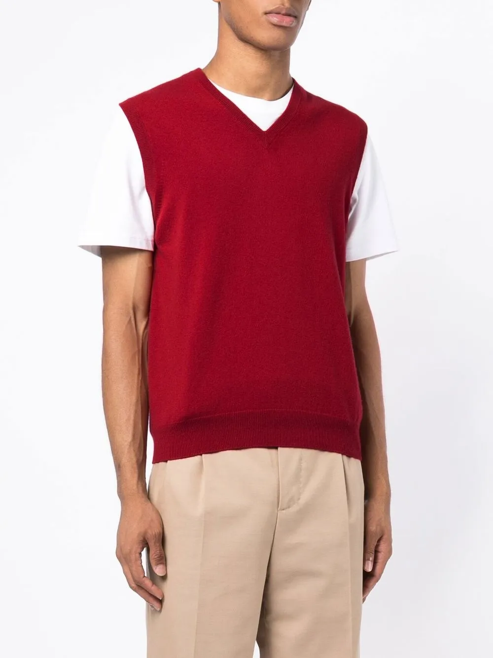 sleeveless red sweater