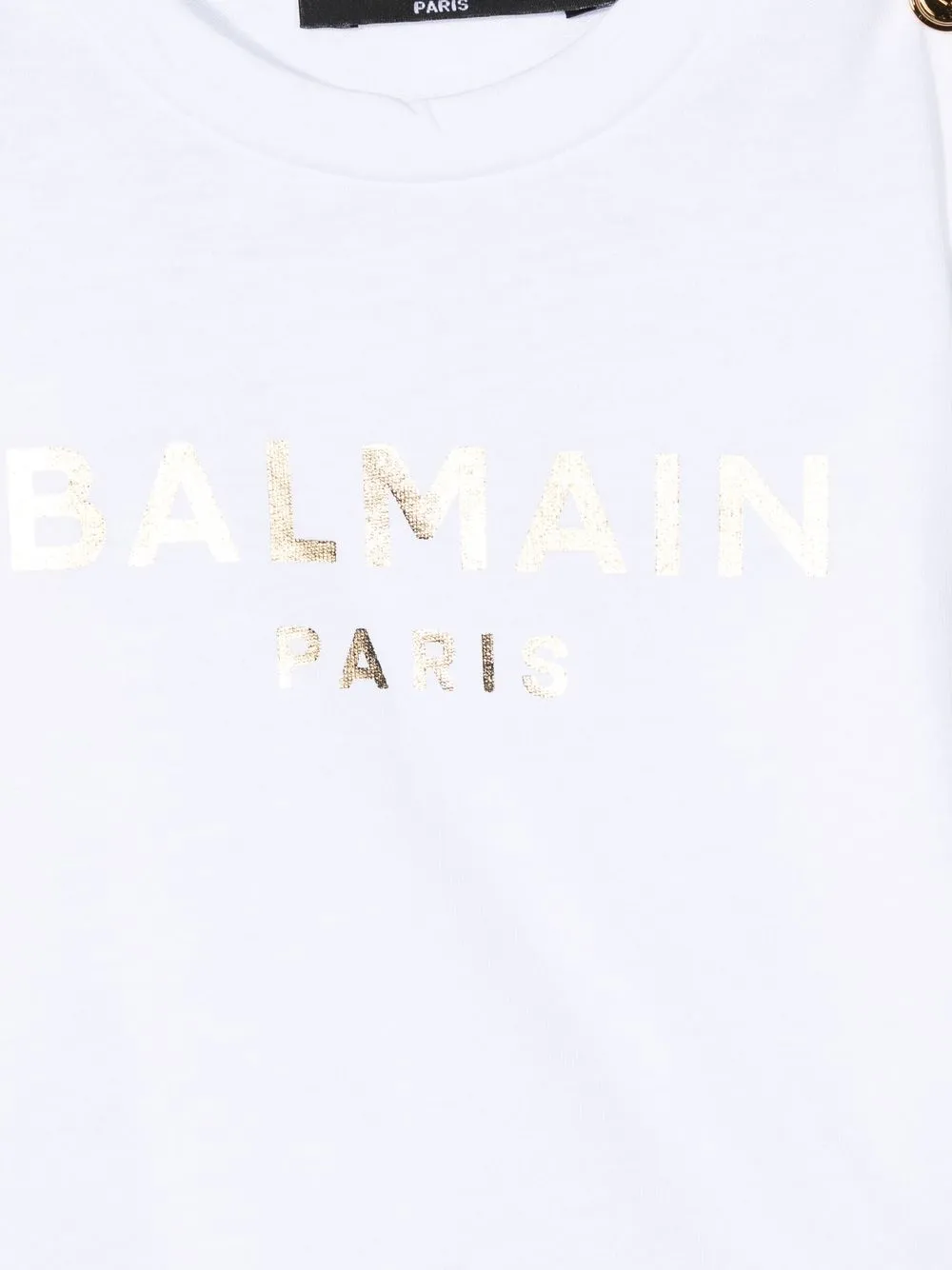  Balmain Kids Langarmshirt Mit Metallic Logo   Weiß 