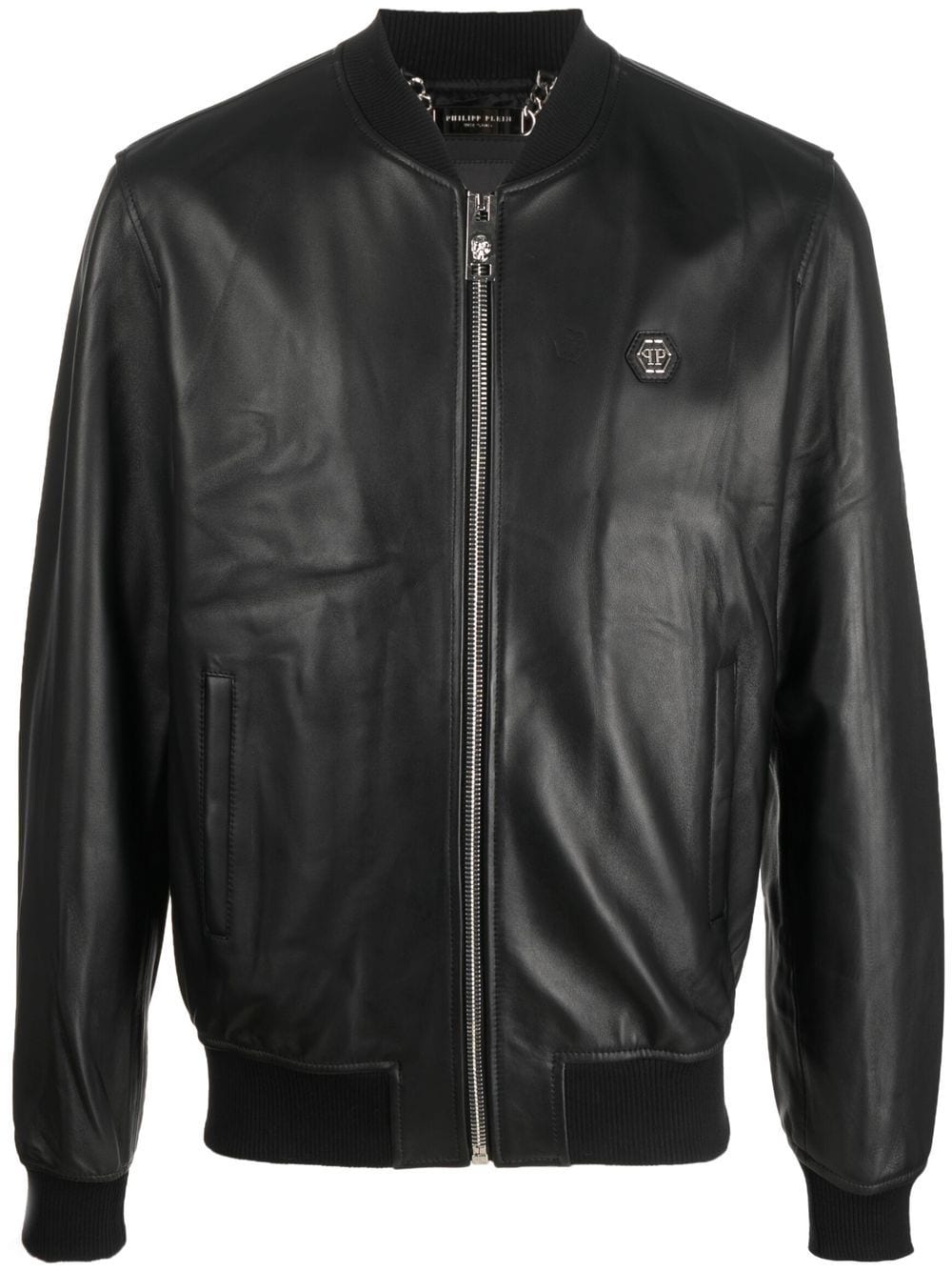 logo-patch leather bomber jacket