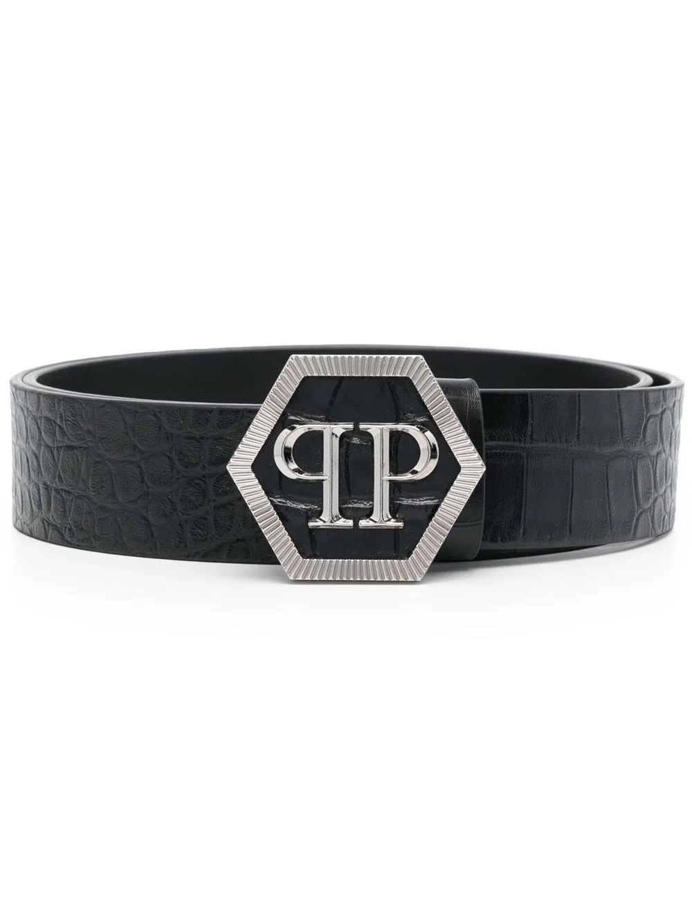 

Philipp Plein Hexagon croc-embossed logo buckle belt - Black