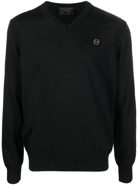 Philipp Plein logo-patch V-neck sweater Men