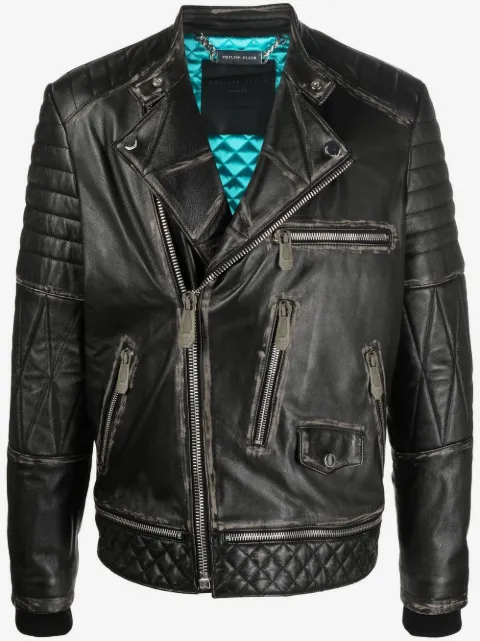 Philipp Plein logo-plaque leather biker jacket
