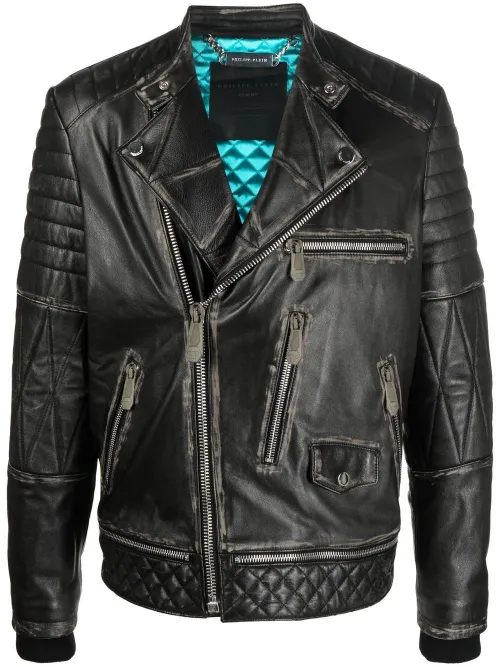 Veste de moto en cuir à plaque logo - Philipp Plein - Modalova