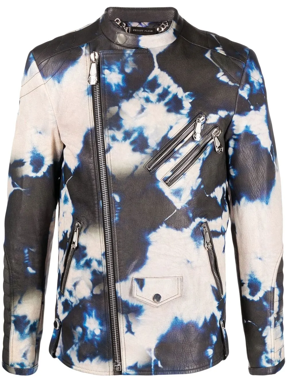 

Philipp Plein bleach-print branded leather jacket - Black