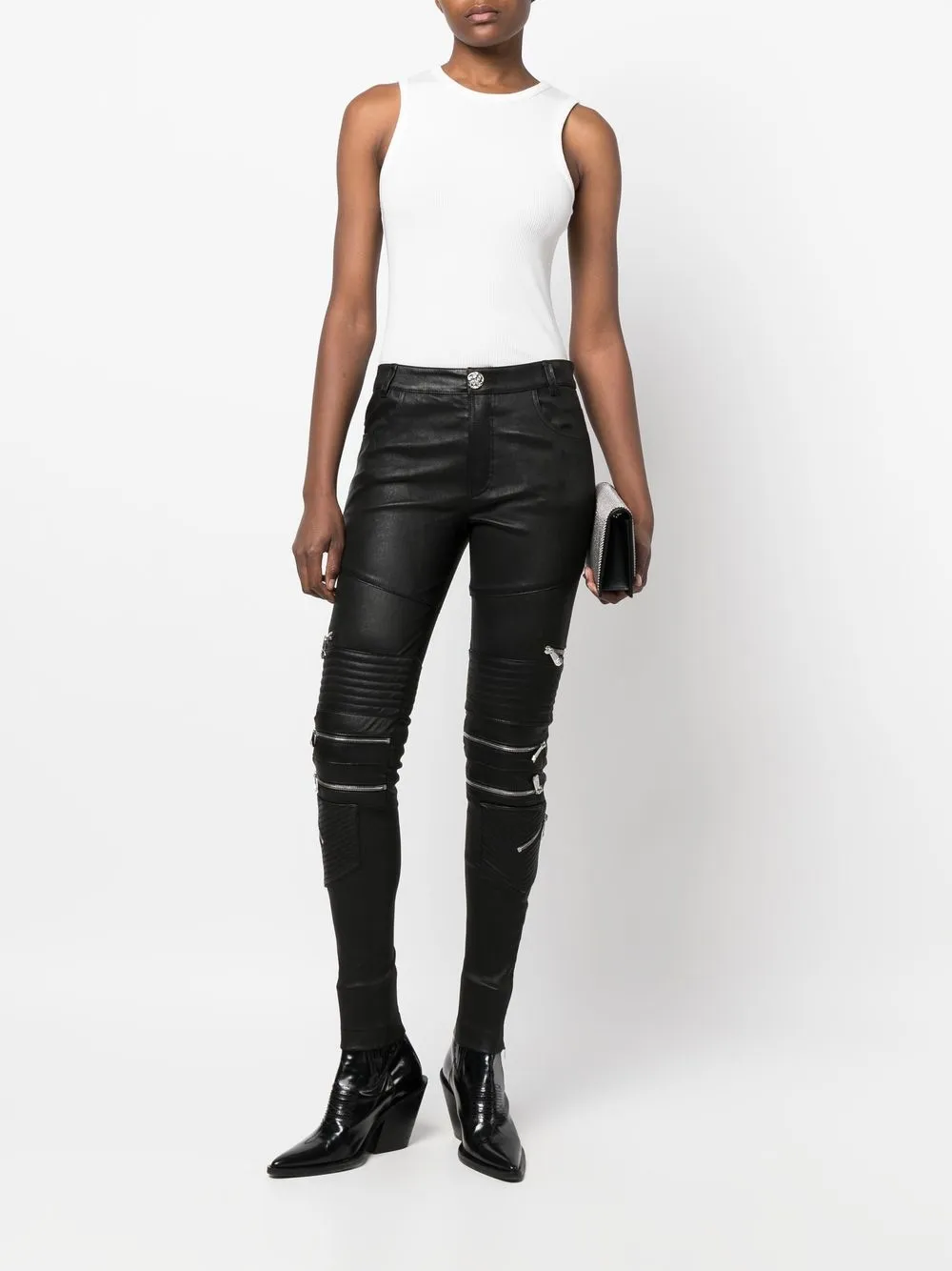 Shop Philipp Plein Lambskin Skinny-fit Zipped Trousers In Black