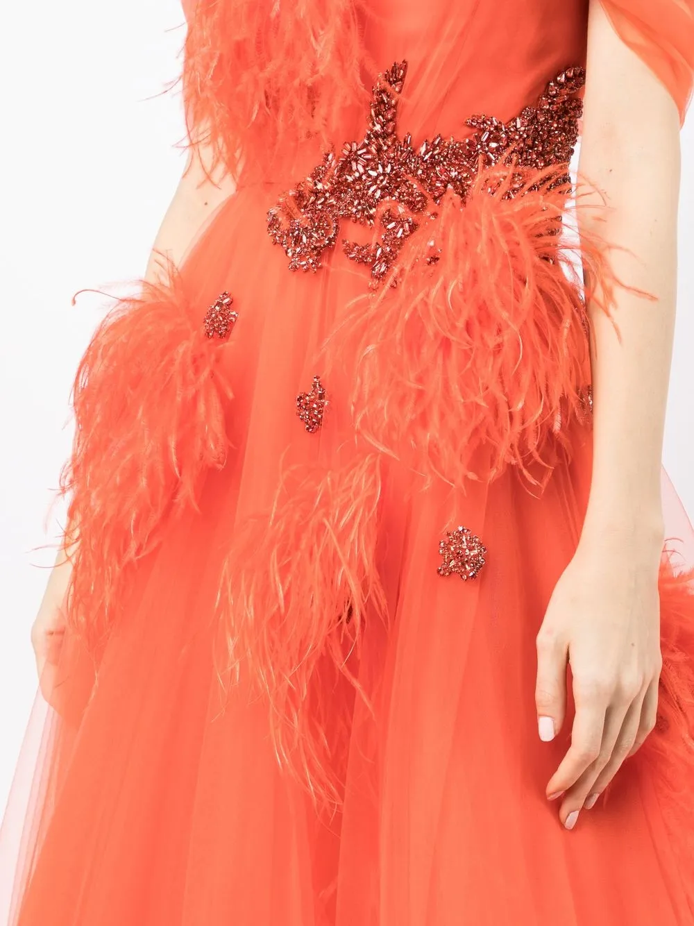 jenny-packham-off-shoulder-feather-trim-dress-farfetch