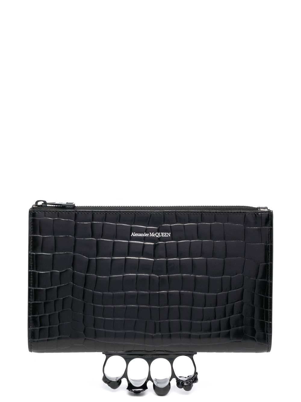 Alexander Mcqueen Four Ring Crocodile-embossed Leather Clutch In ...