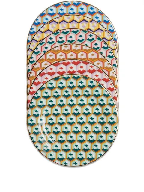 La DoubleJ Set aus sechs geometrisch gemusterten Tellern