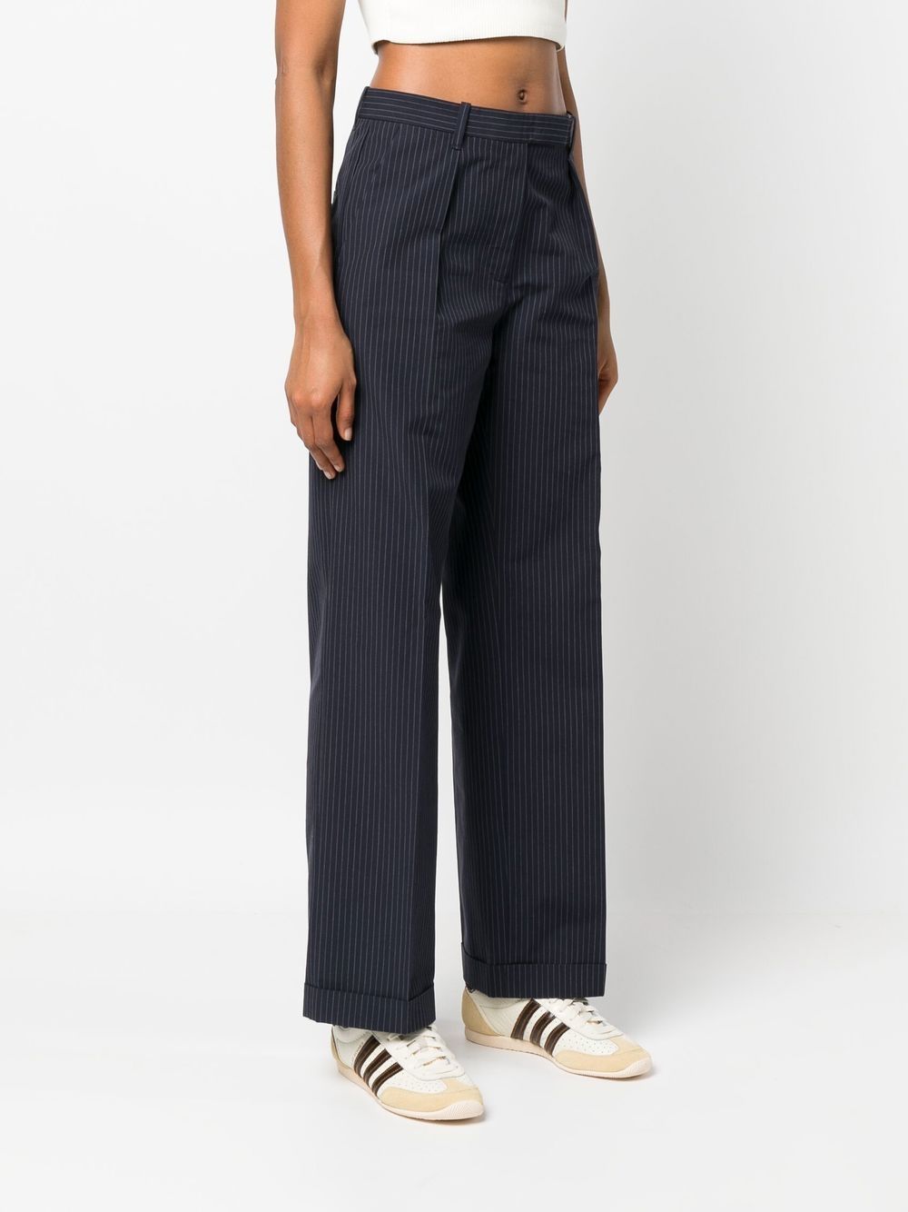 navy pinstripe wide leg trousers