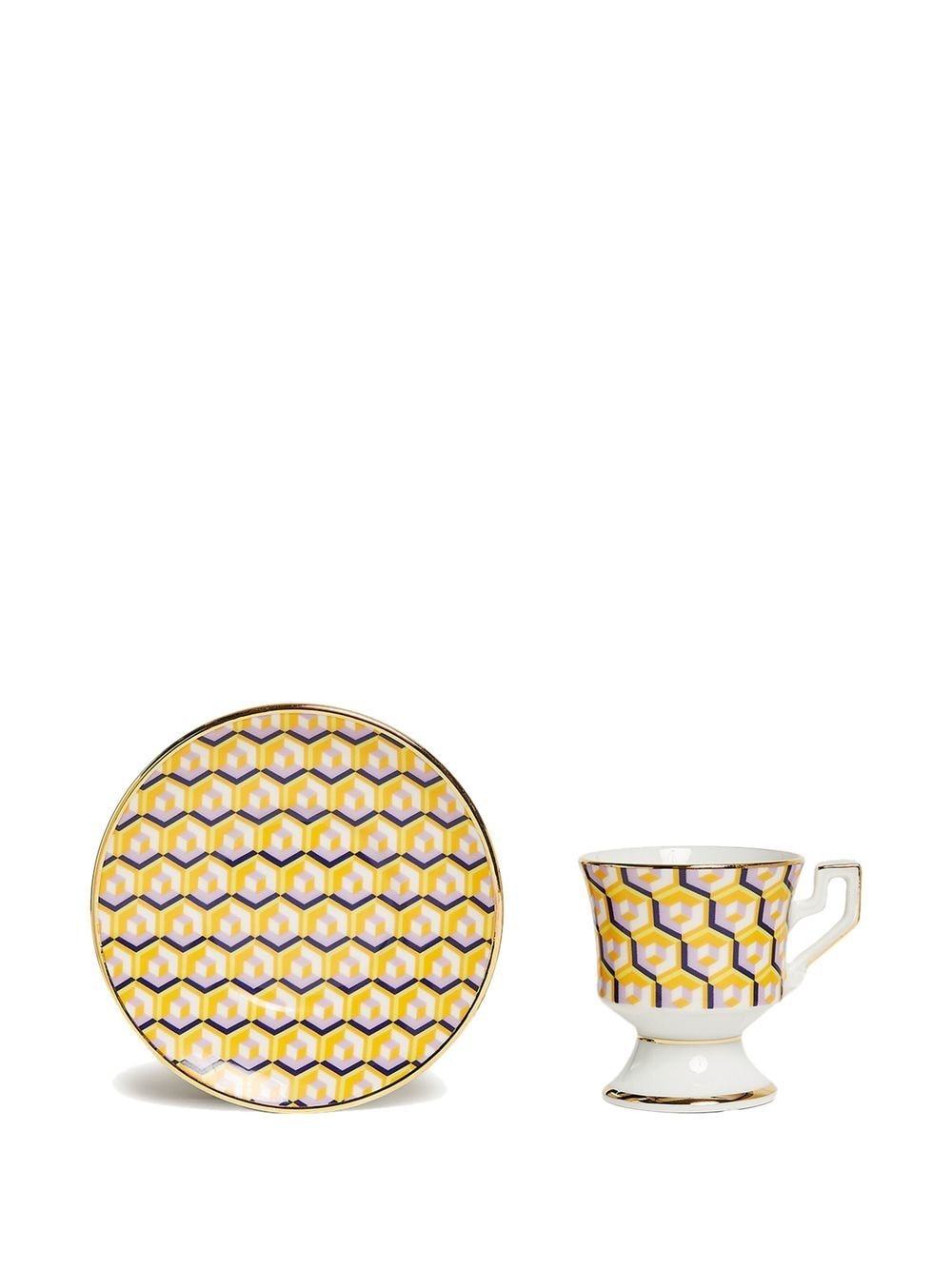 Shop La Doublej Geometric-print Espresso Cup And Saucer (set Of 2) In Yellow