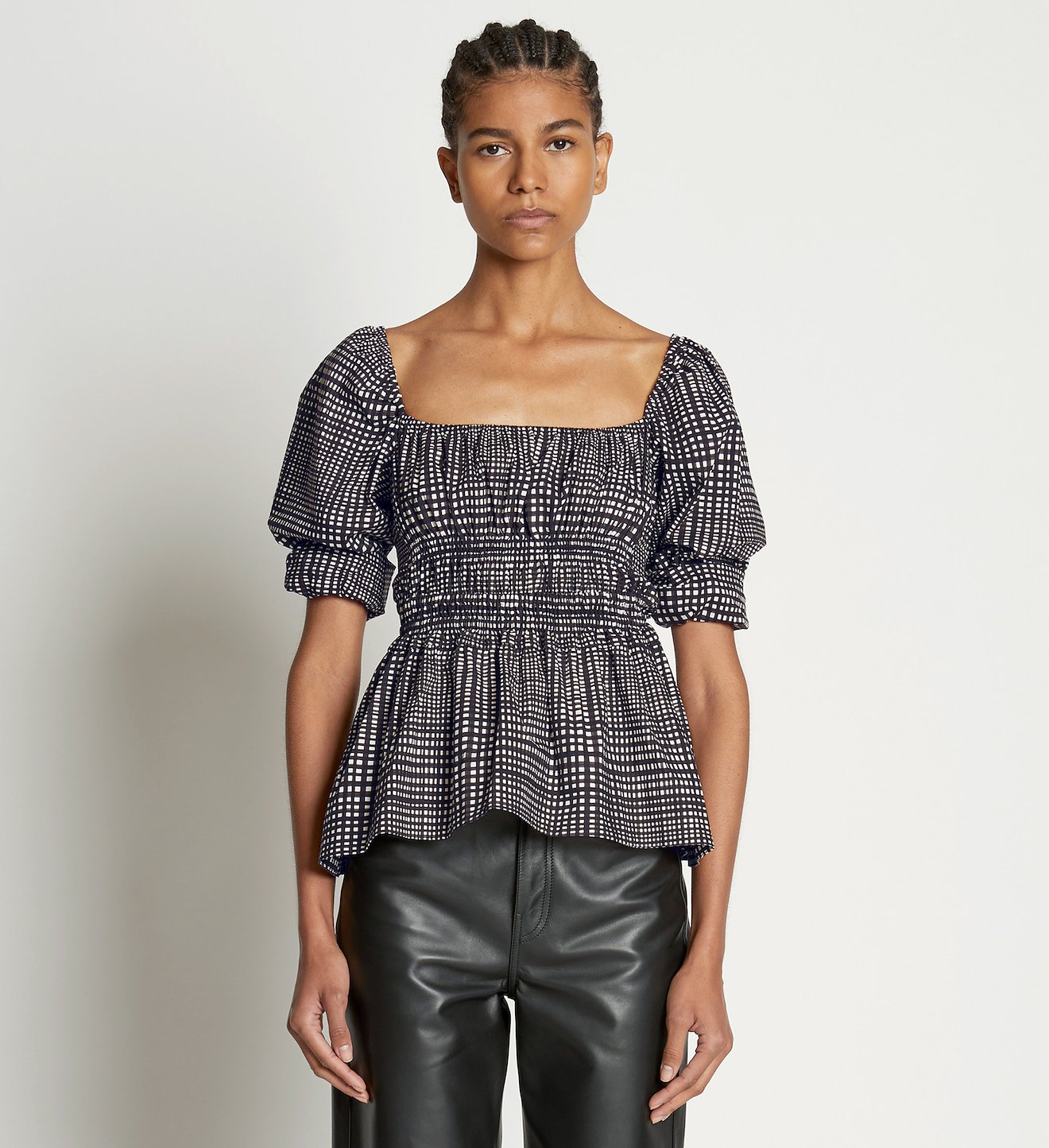 Grid Poplin Square Neck Top