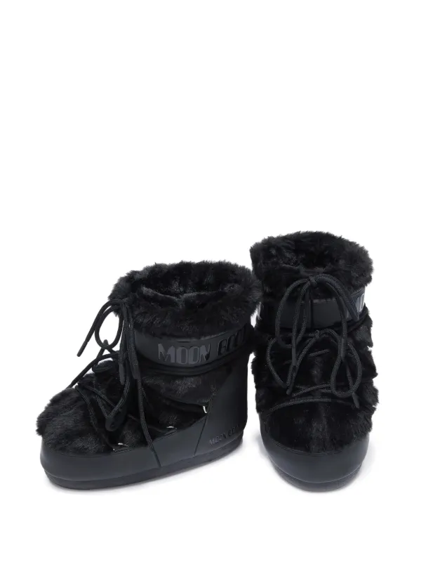 MOONBOOT アイコン フェイクカーリー ブラックブーツ Moon Boot Icon Low faux-fur lace-up Boots | Black | FARFETCH JO