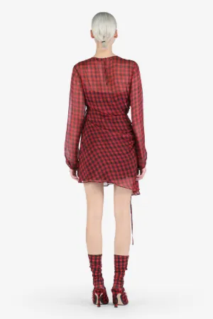 Checked Gathered Silk Mini Dress