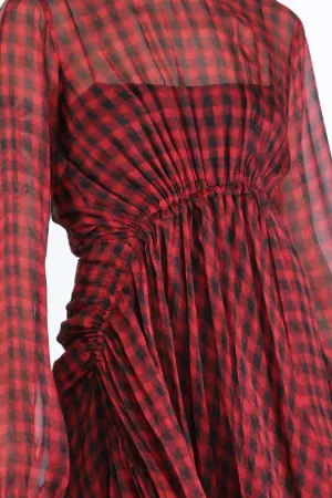 Checked Gathered Silk Mini Dress