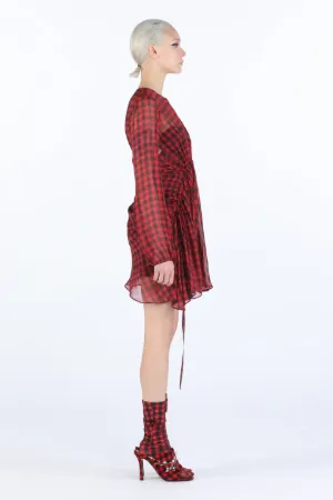 Checked Gathered Silk Mini Dress