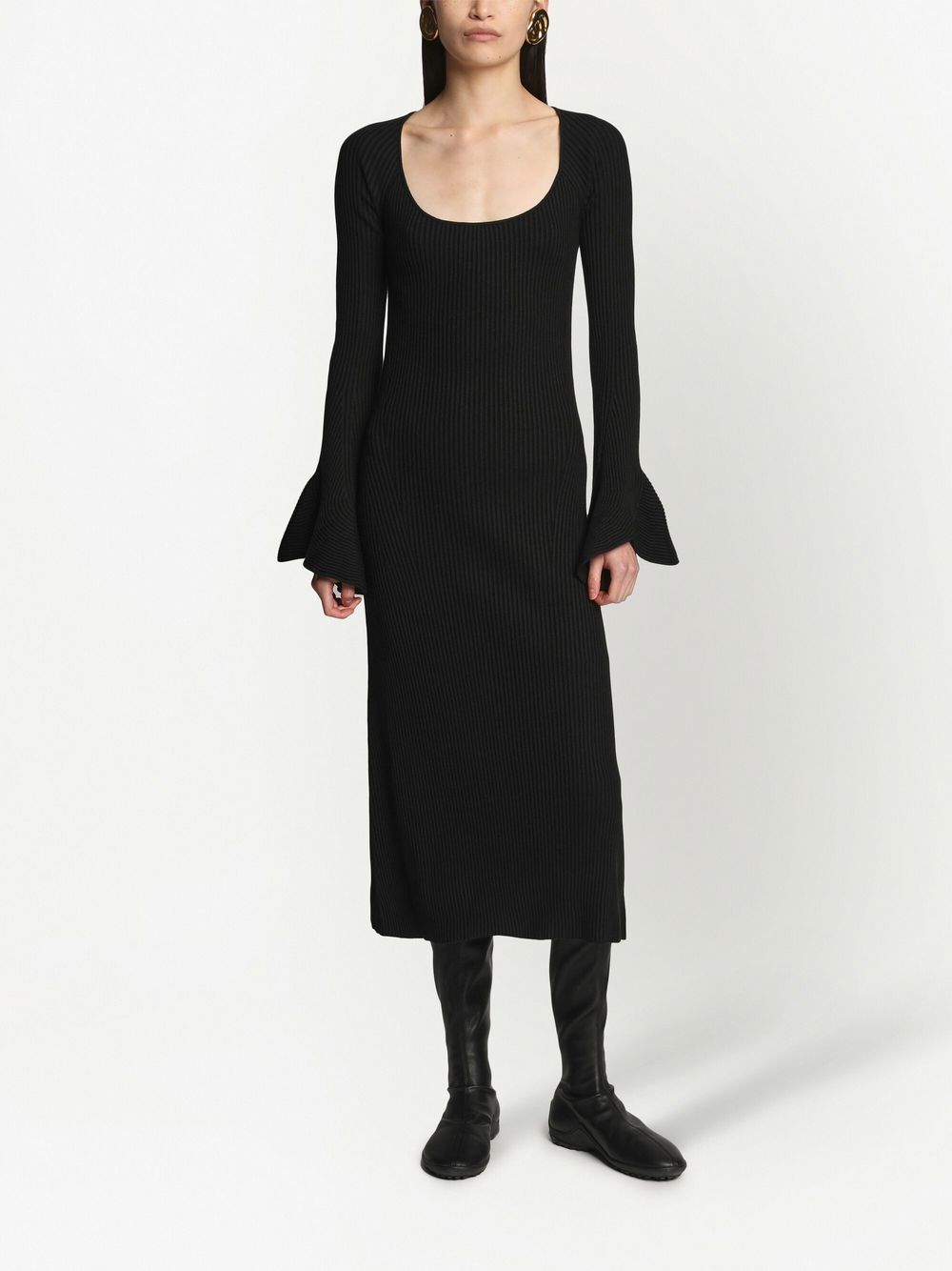 Shop Proenza Schouler Ribbed-knit Flute-sleeved Dress In Black