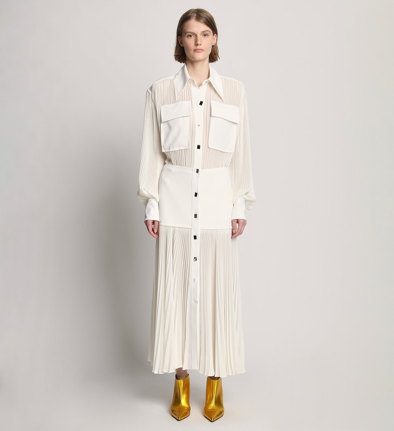 Sheer Pleat Shirt Dress
