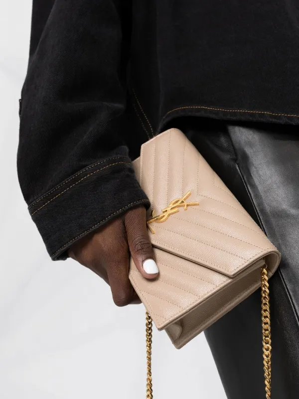 Saint Laurent Beige Chevron Monogram Wallet on Chain Crossbody