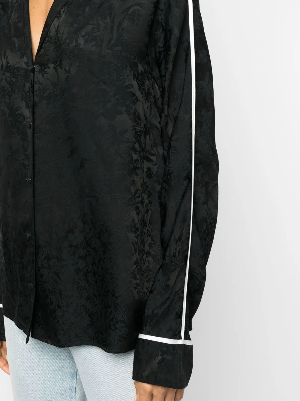 OFF WHITE COTTON FLORAL BOOTA ROUND BROAD COLLAR SHIRT