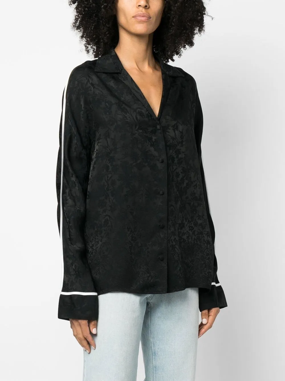  Off-white Floral Jacquard V-neck Blouse - Black 