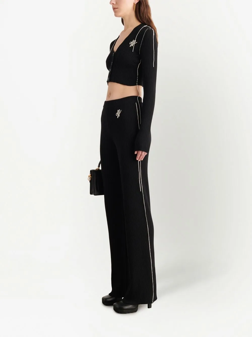  Off White Gerippter Cropped Cardigan   Schwarz 