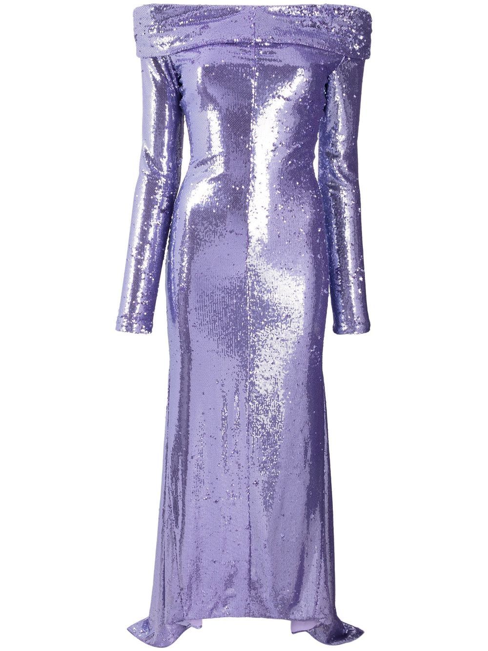 Shop Attico Off-shoulder Sequin Dress In Purple