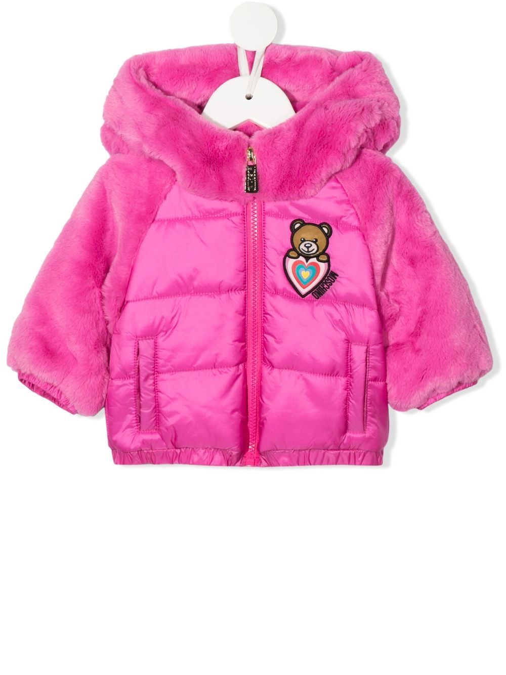 Moschino Kids padded faux-fur hooded jacket - Pink