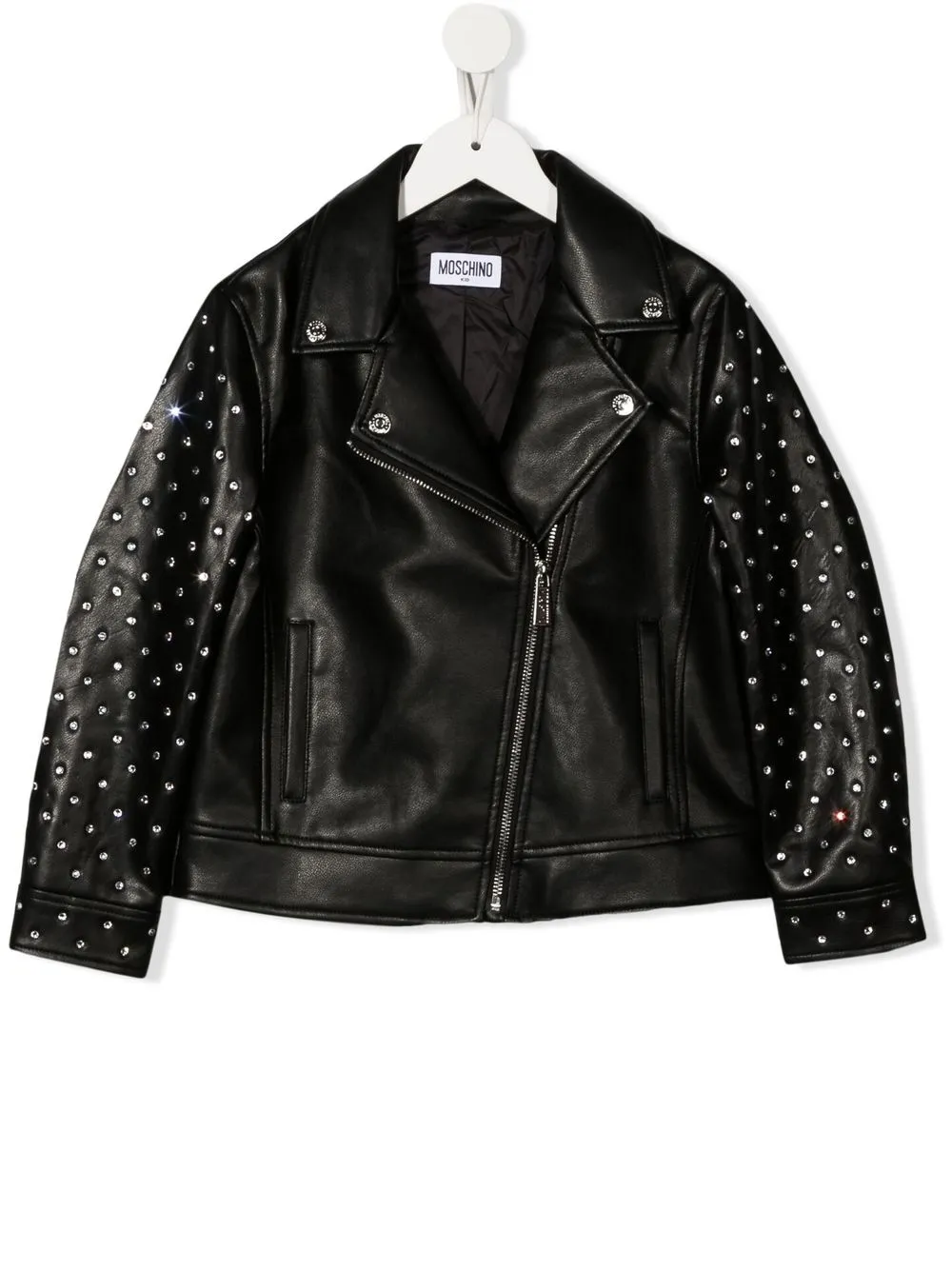 

Moschino Kids crystal-embellished logo biker jacket - Black