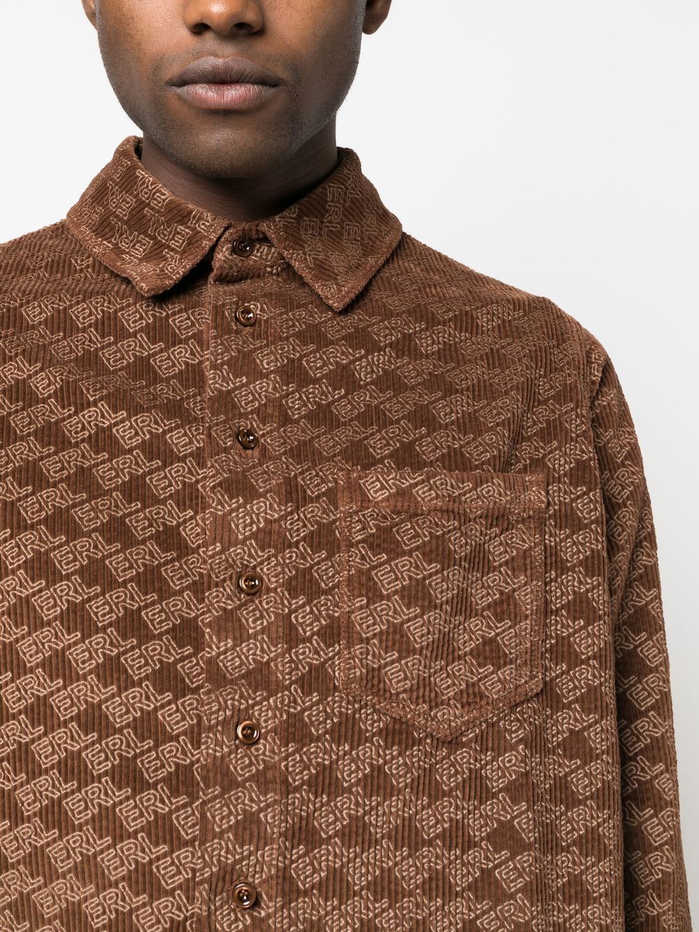 Shop Erl All-over Logo Print Corduroy Shirt In Brown