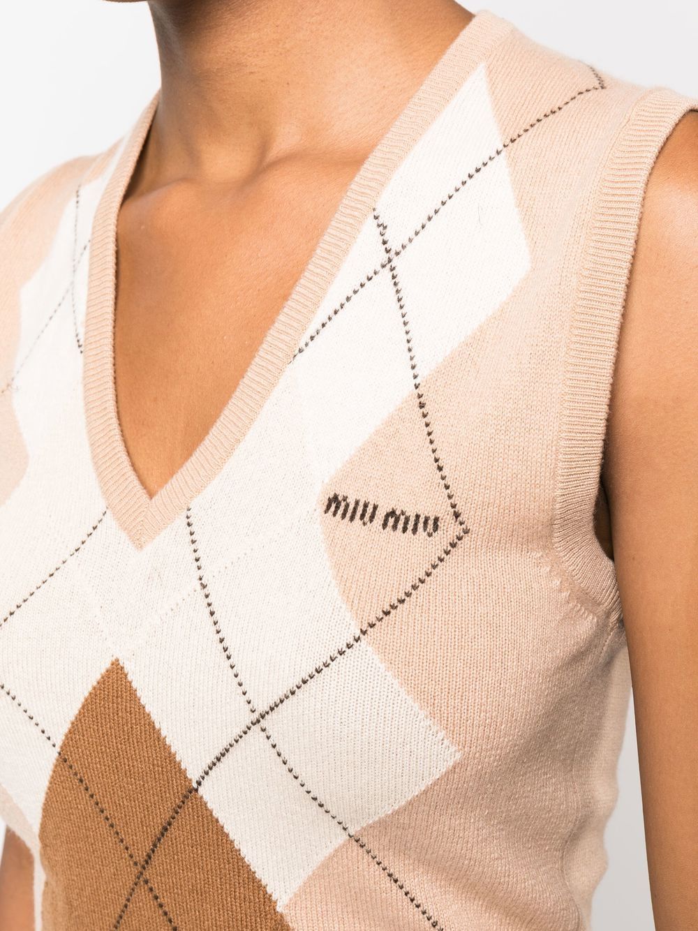 Shop Miu Miu Argyle Check Cropped Knitted Vest In Nude