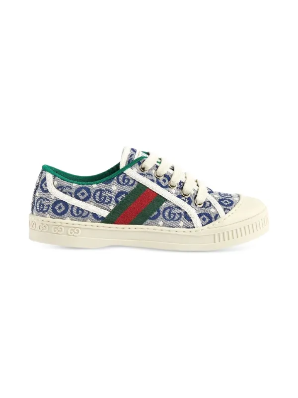 GUCCI CHILDREN ネイビーキャンバス テニス スニーカー 13.5 Gucci Kids 1977 Tennis jacquard-print Sneakers | Blue | FARFETCH