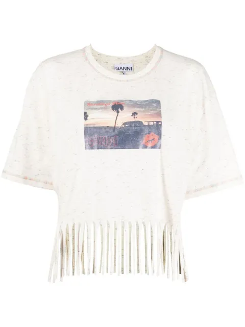 GANNI photo-print fringed T-shirt