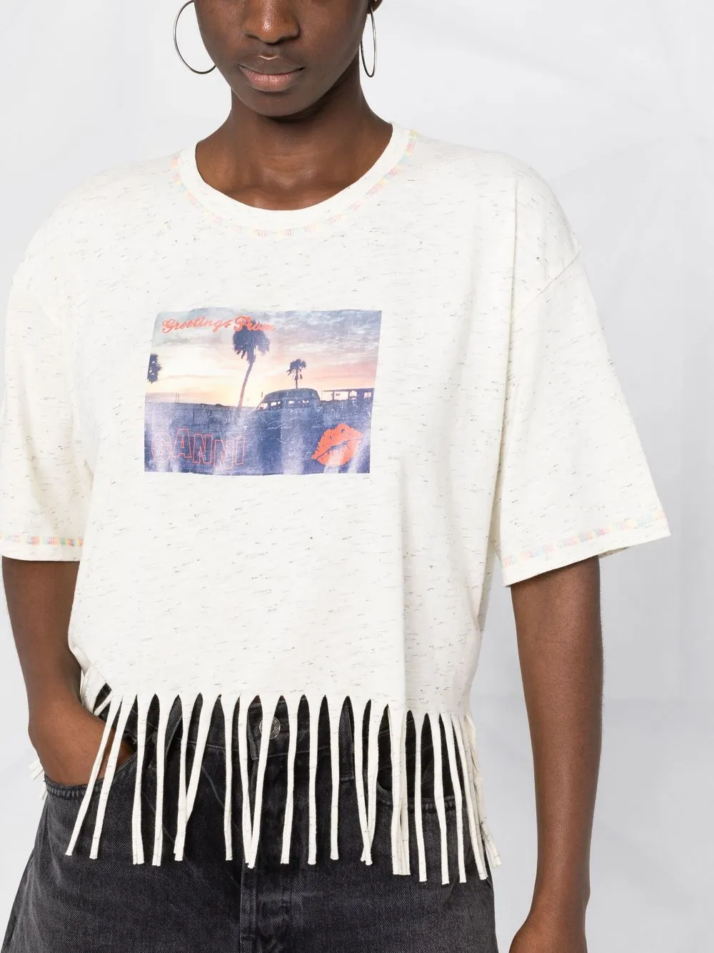 Ganni Postcard Print Fringed Cotton Blend Cropped T-shirt In Nude