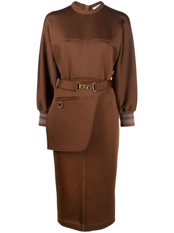 FENDI seam detail Belted Jersey Midi Dress Brown FARFETCH IE