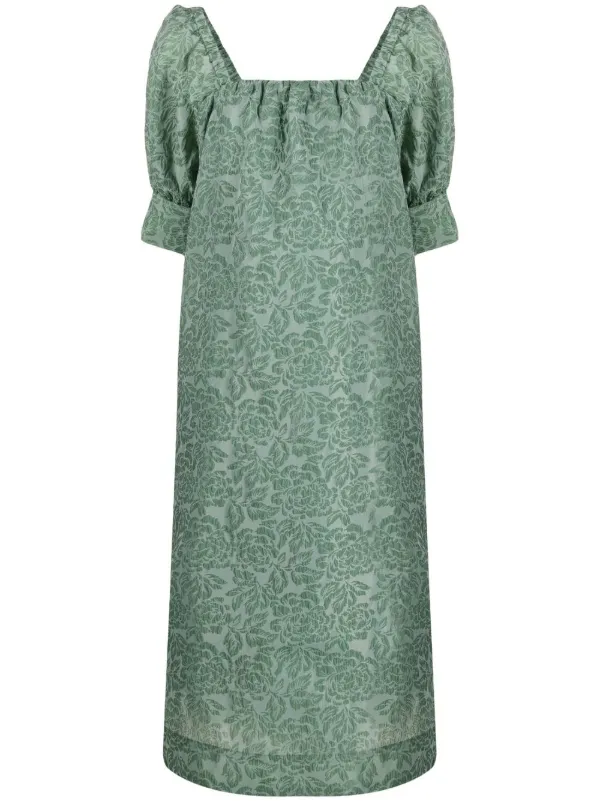 ganni green jacquard dress Ganni Shiny Jacquard V-Neck Midi Dress in Green