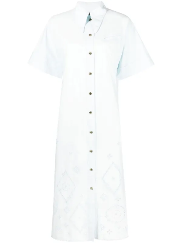 ganni broderie anglaise dress blue Ganni Illusion Blue Cotton Broderie Anglaise Puff Sleeve Mini Dress