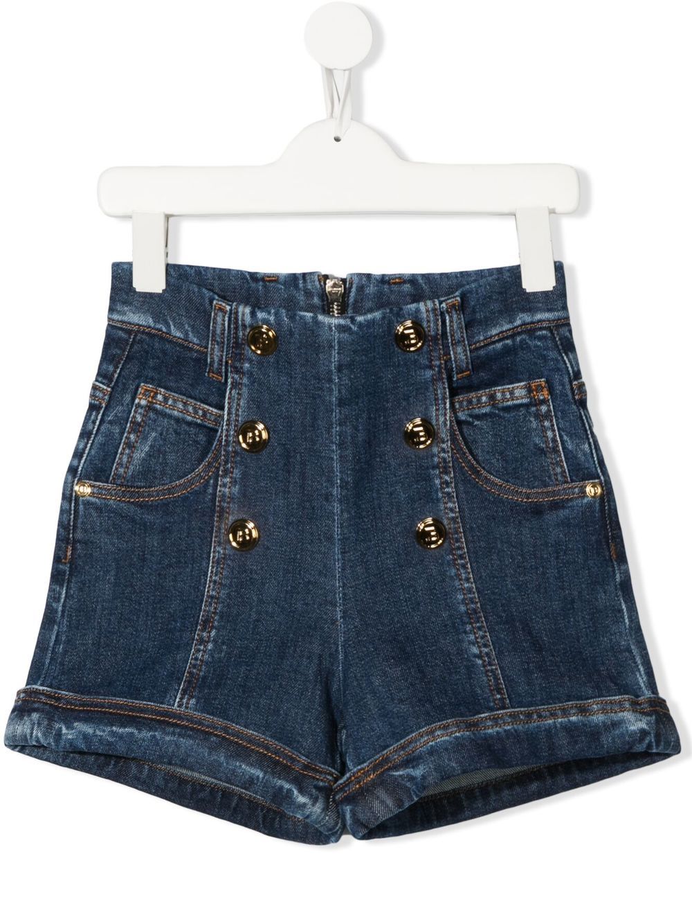 Balmain Kids high-waisted denim shorts - Blue