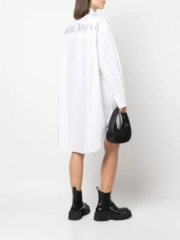 Palm Angels Rhinestone Logo Shirt Dress | White | FARFETCH AE