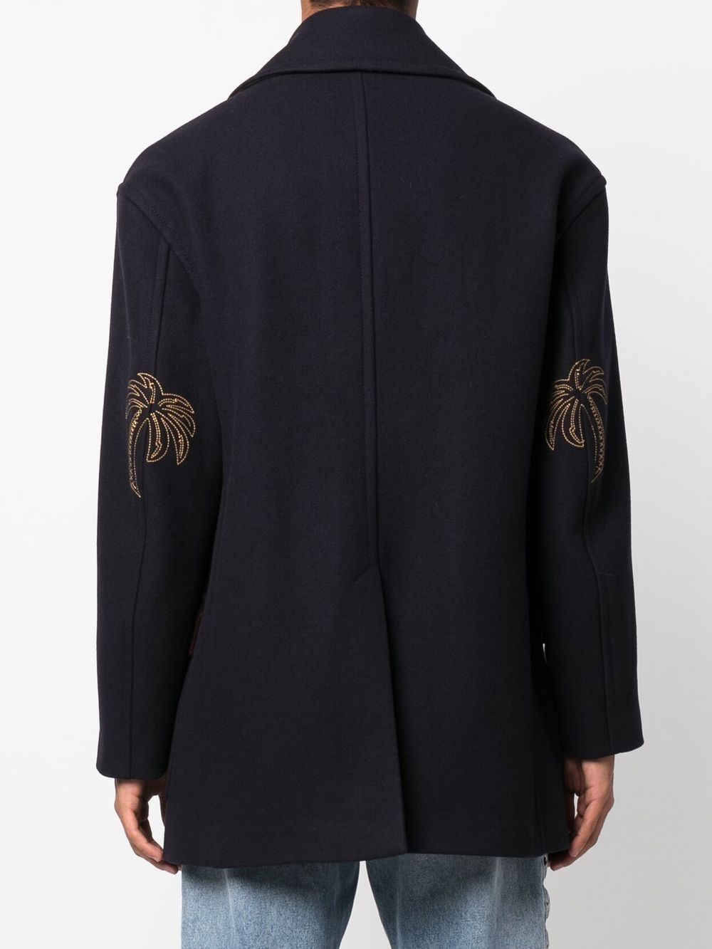 Shop Palm Angels Palm Tree-embroidered Coat In Indigo Blue Indigo Blue