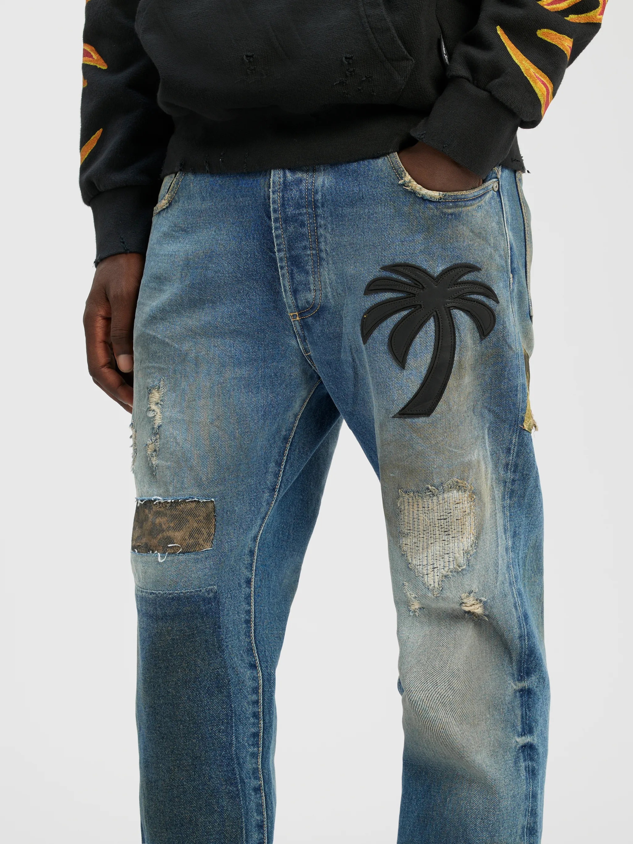 CURVED PALM TREE REGULAR DENIM PANTS