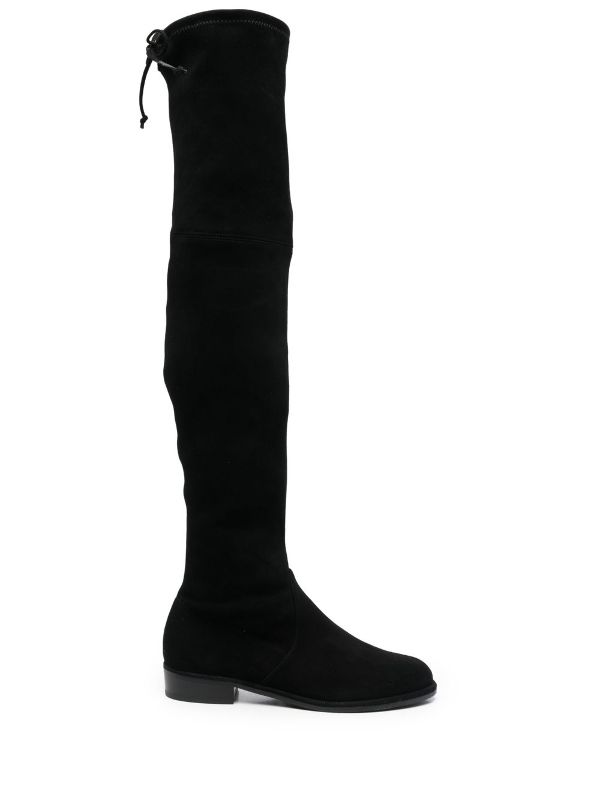 black thigh high low heel boots