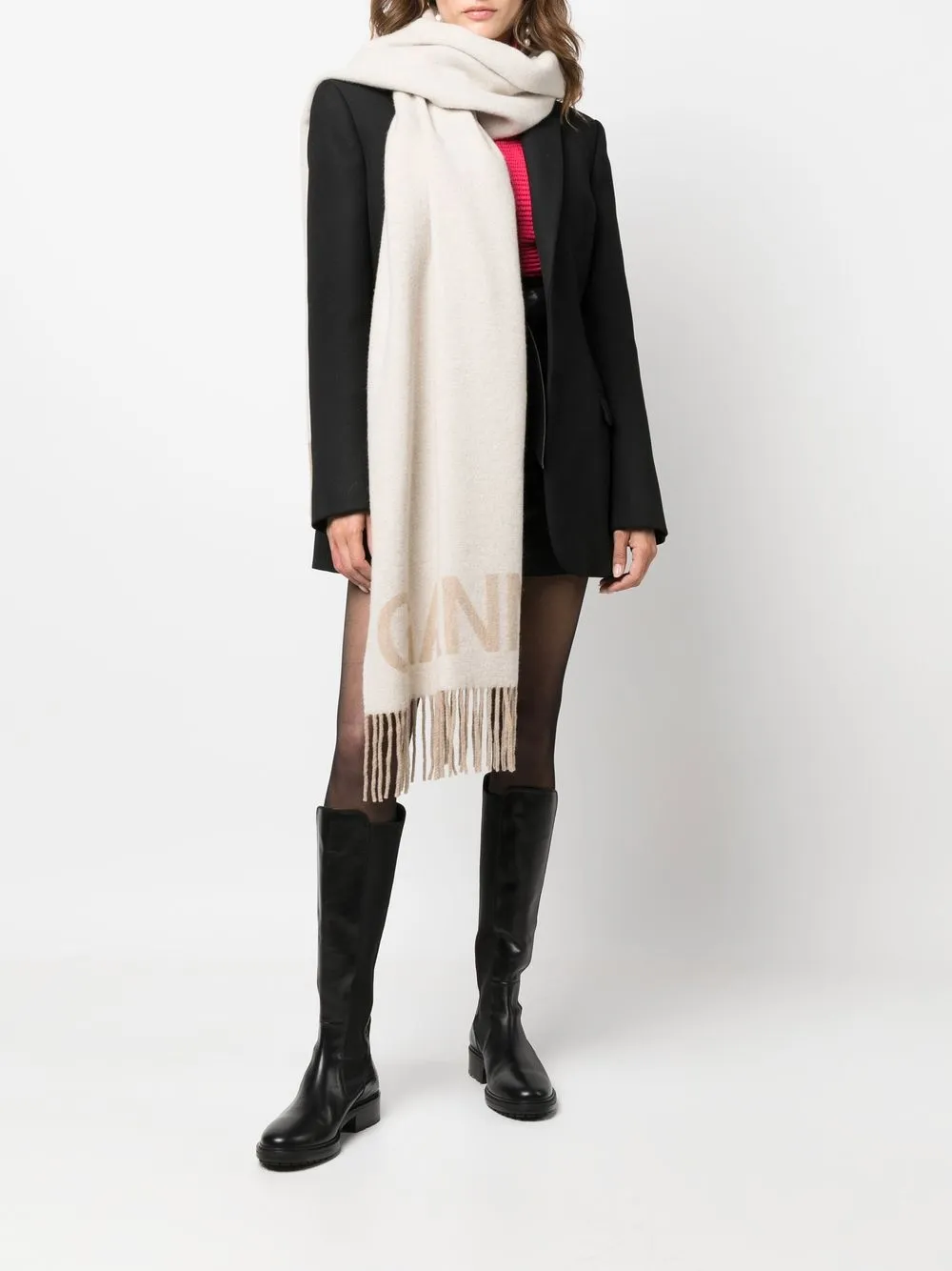 GANNI Sjaal met logoprint - Beige