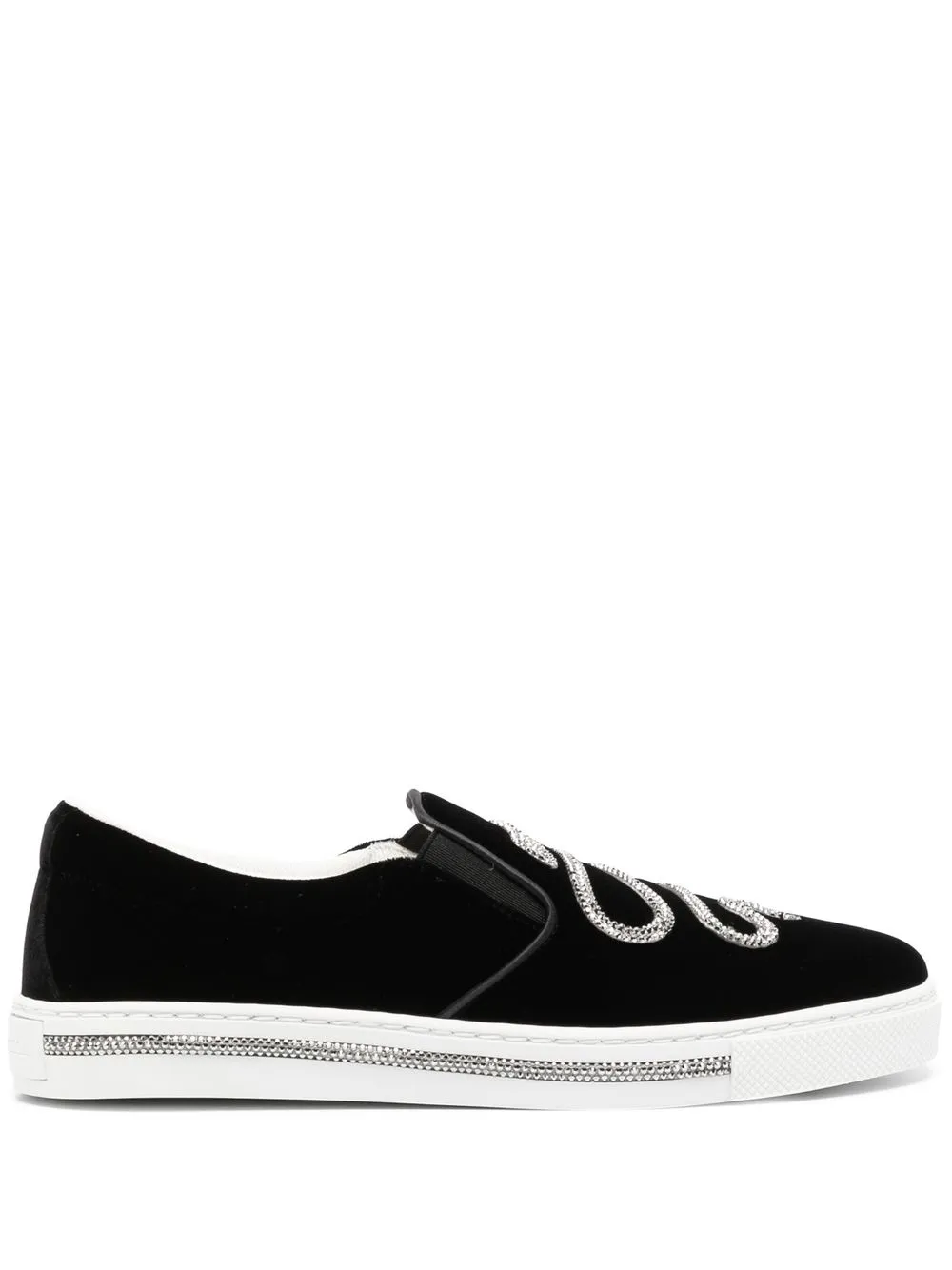 

René Caovilla snake-embellished velvet slip-on sneakers - Black