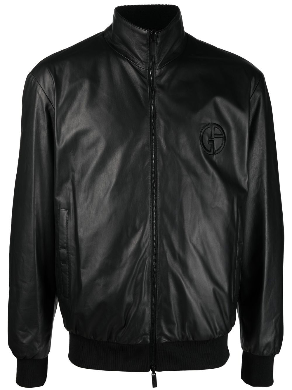 Image 1 of Giorgio Armani embossed-logo leather jacket
