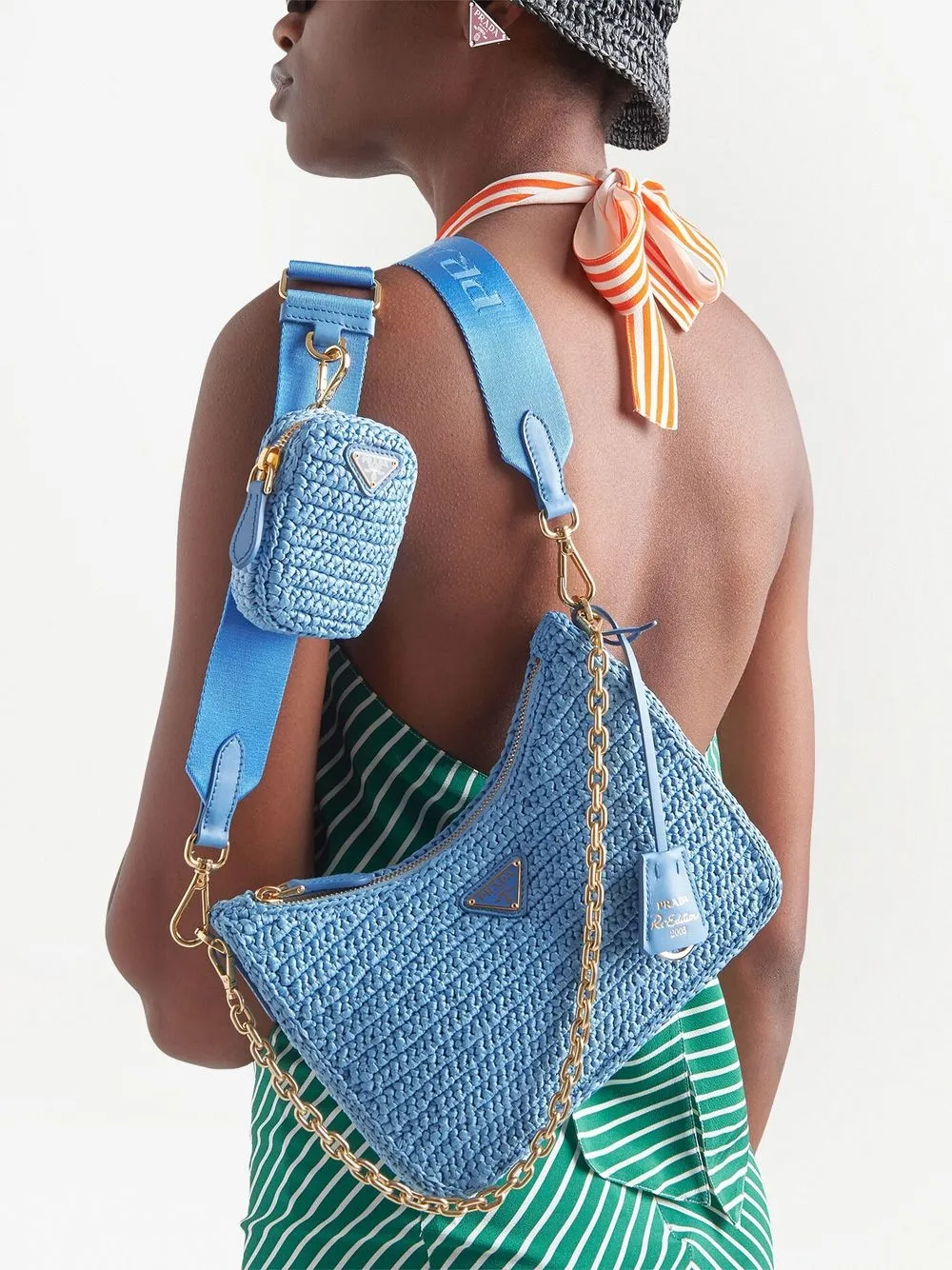 Prada Re-Edition 2005 raffia schoudertas - Blauw