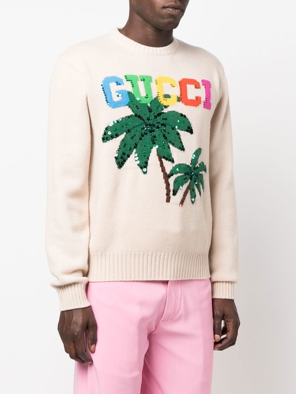 Shop Gucci Palm Tree-print Wool Jumper In Nude