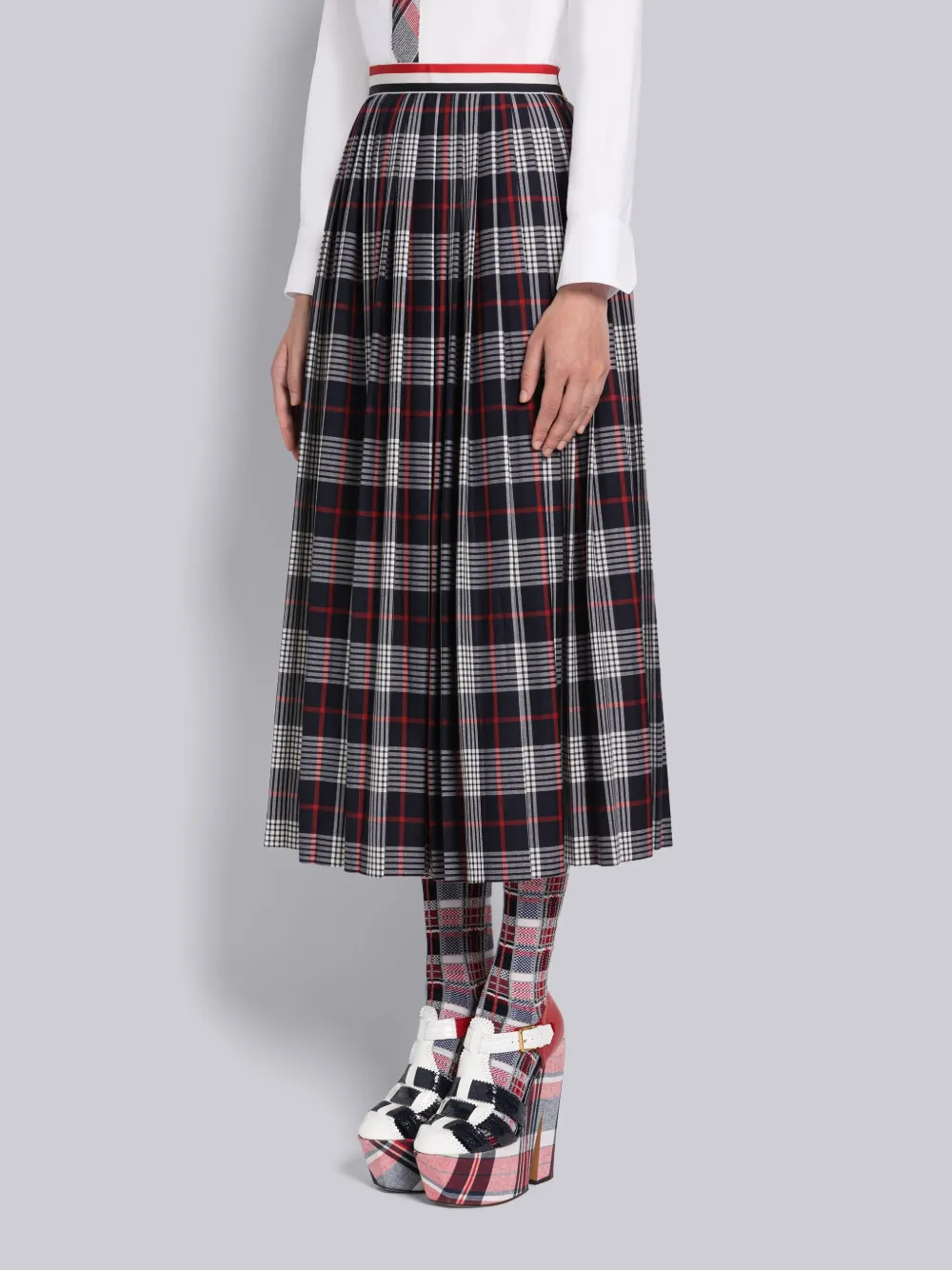 Thom Browne Checked Pleated Skirt In Blue