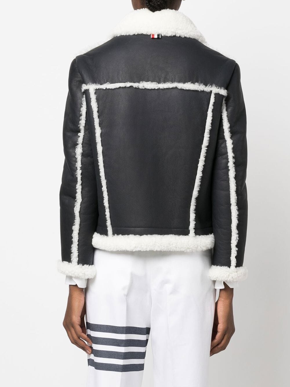 Shop Thom Browne Notched-collar Shearling-trim Jacket In Blue